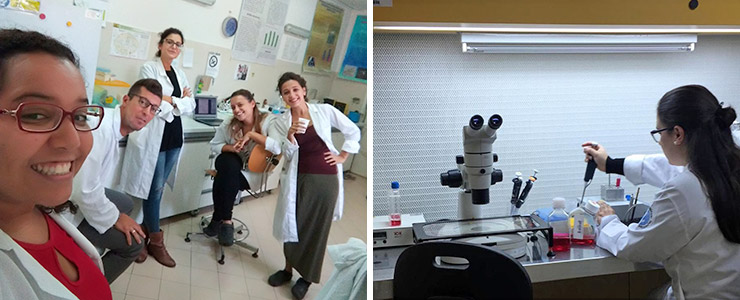 Érika e Kelly em laboratórios de pesquisa na Università Degli Studi di Napoli Federico II (Itália).